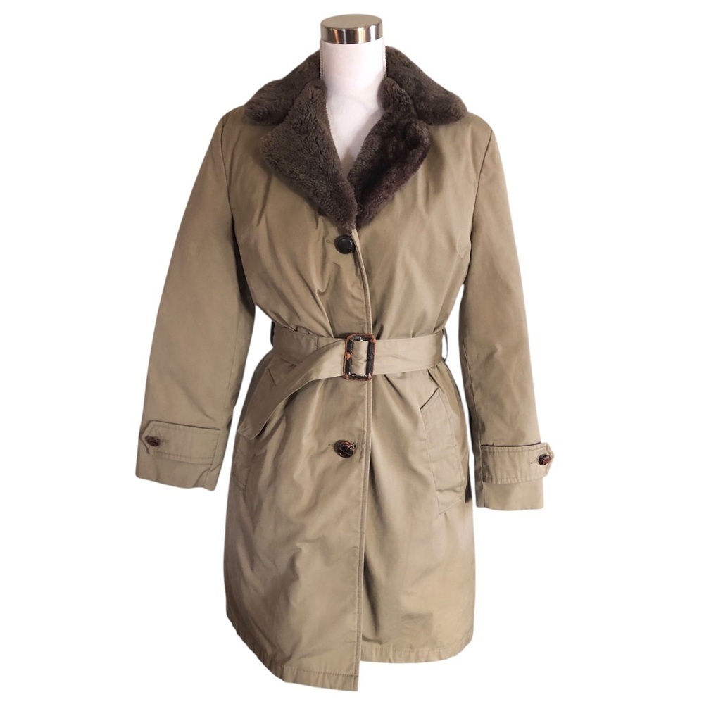 VINTAGE 50s 60s L.L. Bean Beige Gray Faux Fur Collar Trench Coat Parka Large MCM